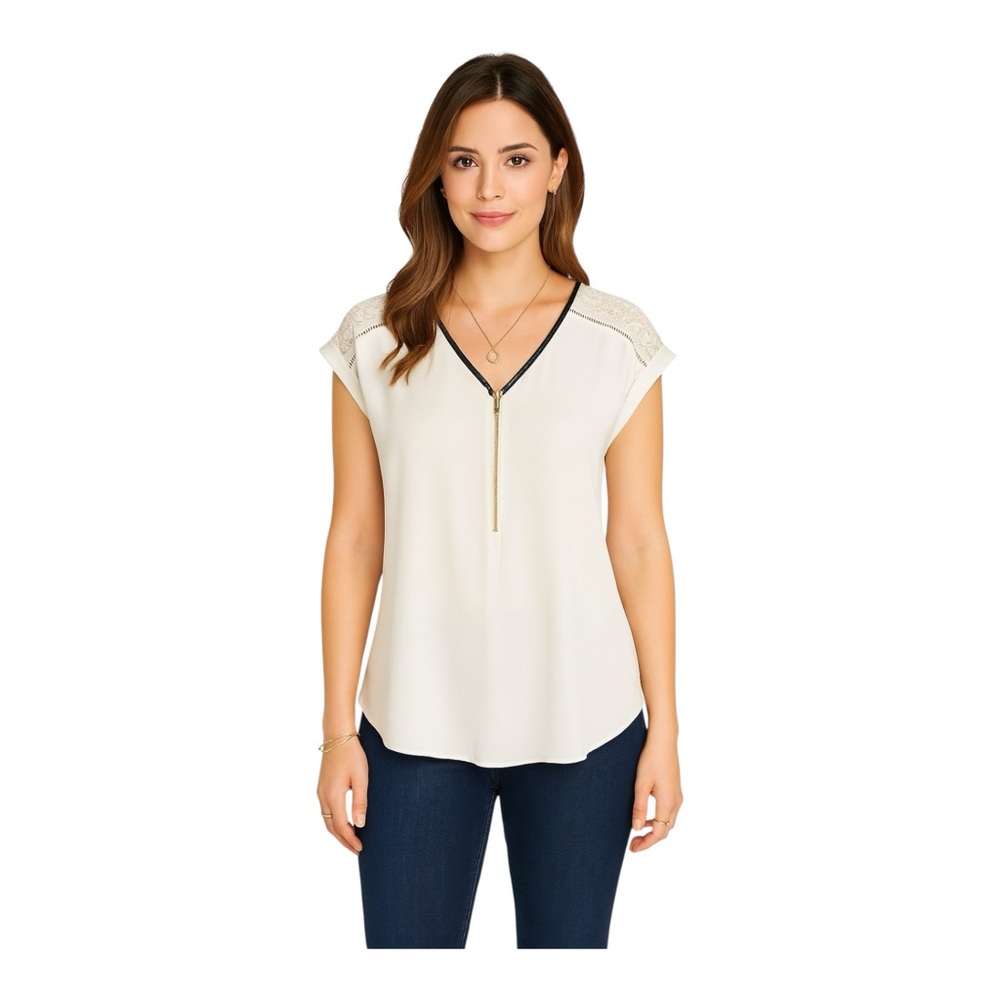 Express Cream Blouse Medium V-neck Zip front Women’s Workwear Top